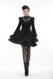 Black V-neck Long Sleeves Ruched Ruffled Lace Women's Lolita Gothic Velvet Dress - Black - 1