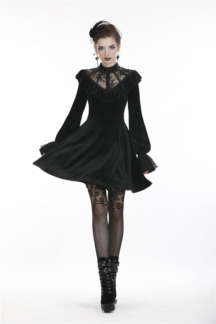 Black V-neck Long Sleeves Ruched Ruffled Lace Women's Lolita Gothic Velvet Dress - Black - 1