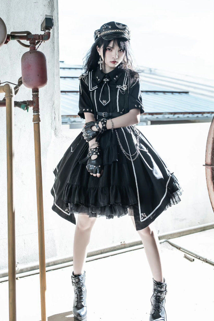 Black [Sunset Universe] Short Sleeves Cardigan Lace Gothic Military Handsome Lolita Dress Full Set - Black - 1