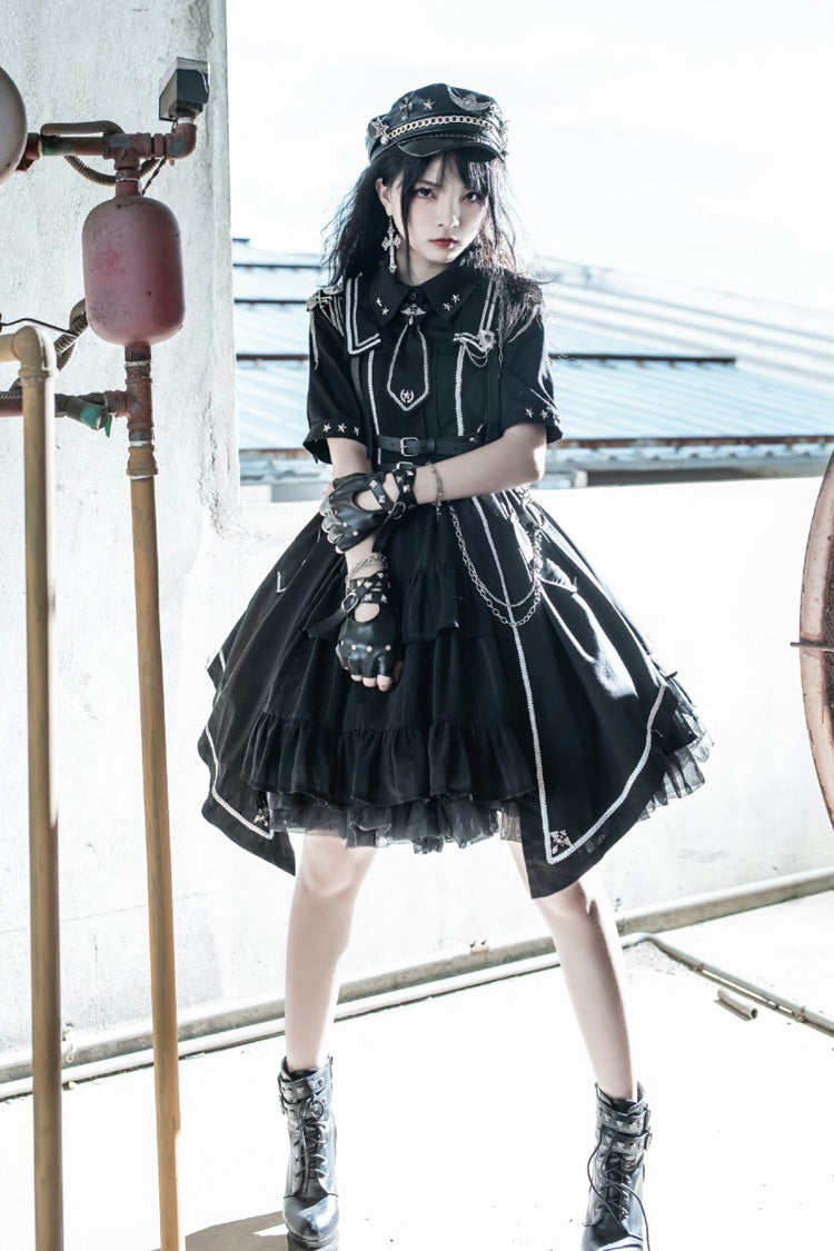 Black [Sunset Universe] Short Sleeves Cardigan Lace Gothic Military Handsome Lolita Dress Full Set - Black - 1