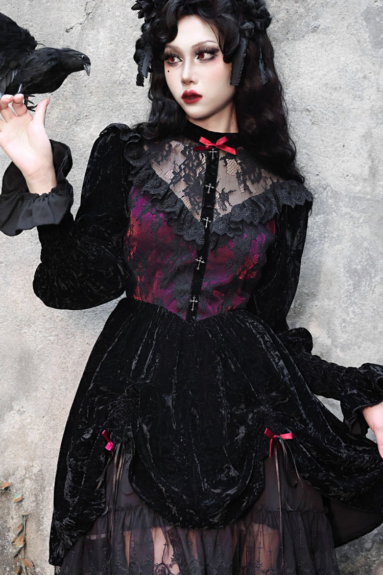 Black/Red [Rose Cemetery] Long Puff Sleeves Hollow Lace Gothic Lolita Dress - Product - 6