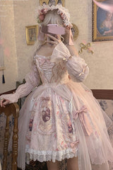 Pink [Rose Window] Print Ruffle Bowknot Lace Sweet Elegant Princess Lolita Jsk Dress - Product - 5
