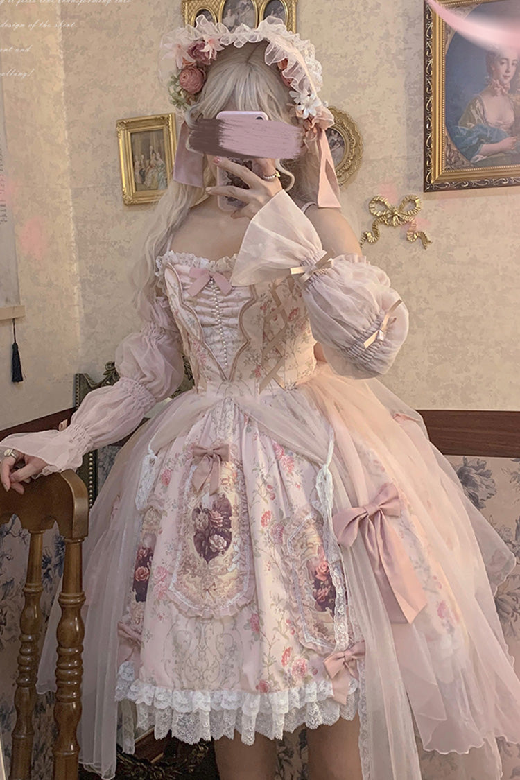 Pink [Rose Window] Print Ruffle Bowknot Lace Sweet Elegant Princess Lolita Jsk Dress - Product - 5