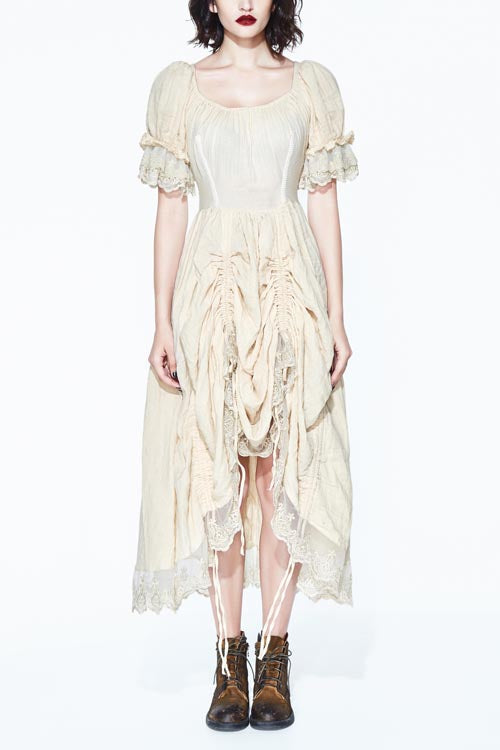 Creamy White Punk Victoria Vintage Drawstring Embroidered Lace Womens Dress - Creamy White - 1