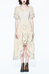 Creamy White Punk Victoria Vintage Drawstring Embroidered Lace Womens Dress - Creamy White - 1
