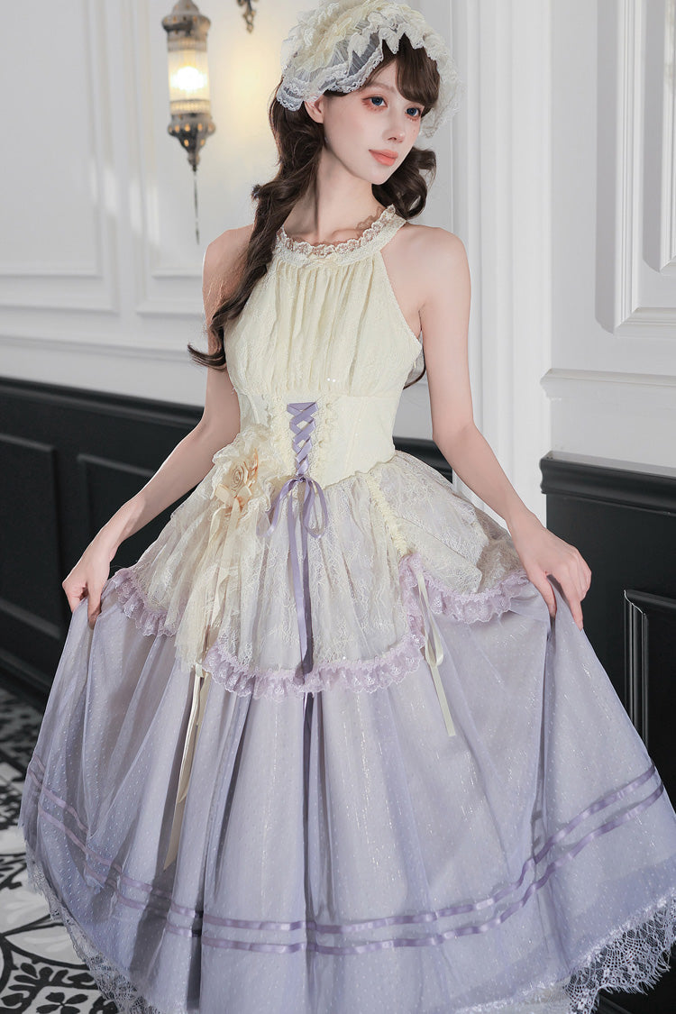 [Tulip Scent] Halterneck Sleeveless Printed Ruffled Lace Lace-Up Fishbone Sweet Lolita Jsk Dress Set (Pink/Purple 2 Colors) - Product - 22