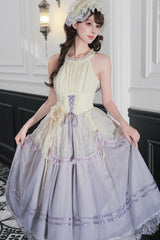 [Tulip Scent] Halterneck Sleeveless Printed Ruffled Lace Lace-Up Fishbone Sweet Lolita Jsk Dress Set (Pink/Purple 2 Colors) - Product - 22