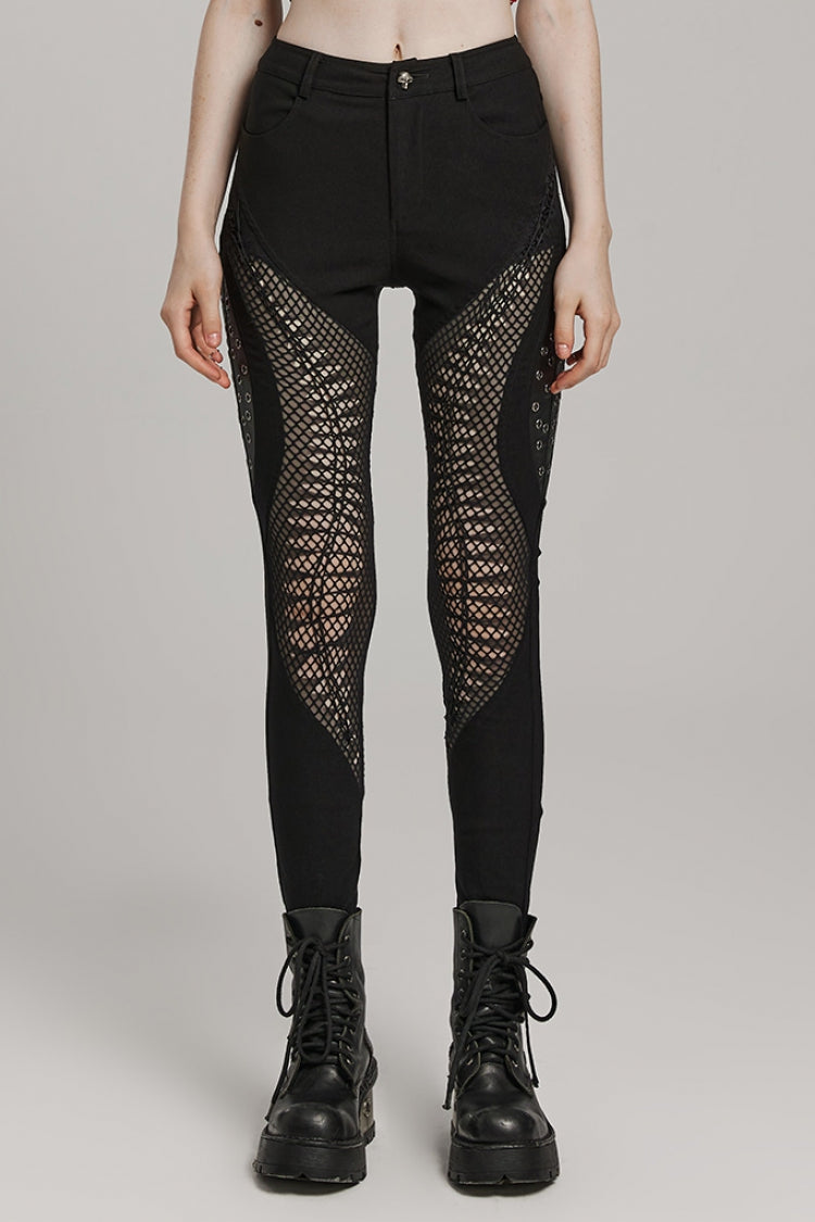 Black Hollow Stitching Irregular Mesh Women's Steampunk Pants - Black - 1