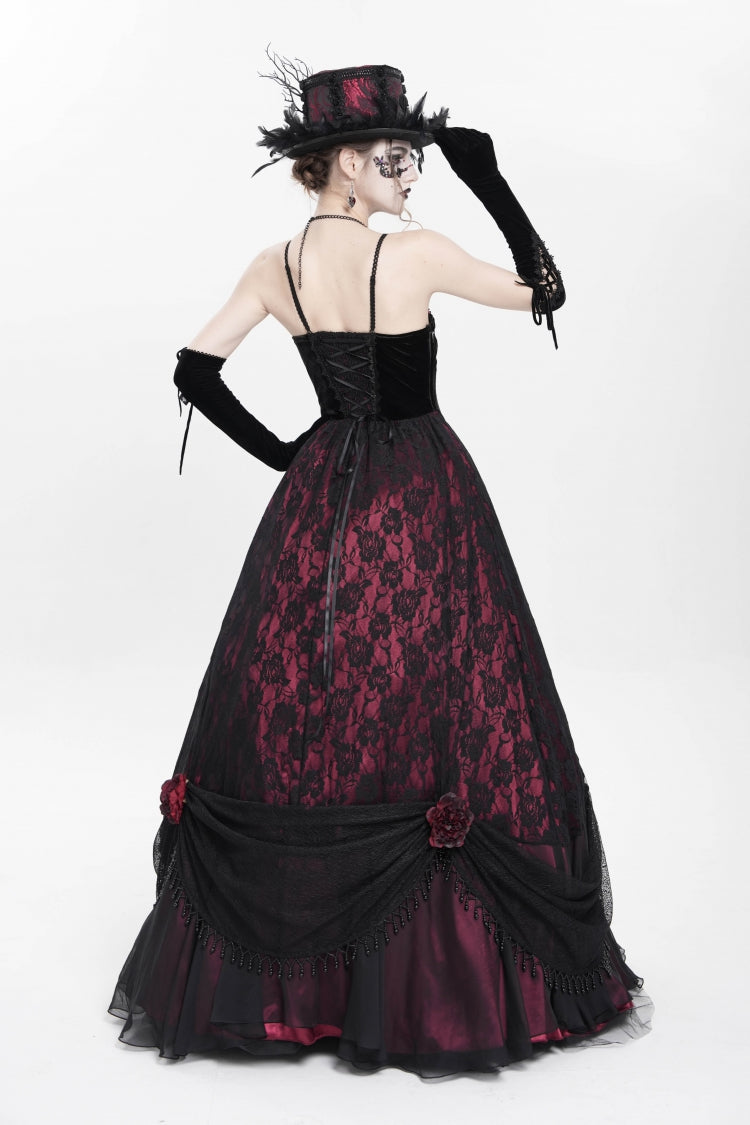 Red Jacquard Embroidery Floral Beaded Women's Gothic Long Slip Dress - Product - 11