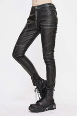 Black Punk Biker Block Shaped Patchwork Hand Rubbed Leather Womens Pants - Product - 4