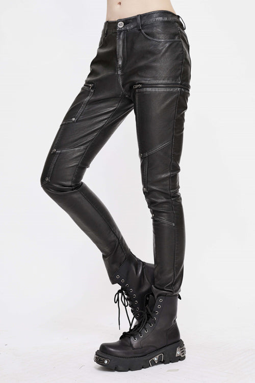 Black Punk Biker Block Shaped Patchwork Hand Rubbed Leather Womens Pants - Product - 4