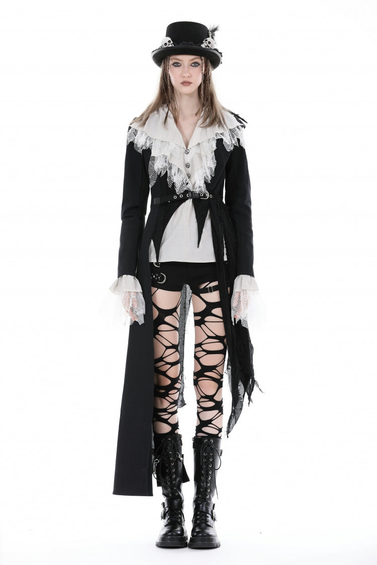 Black Peak Lapel Collar Long Sleeves Irregular Distressed Women's Gothic Punk Coat with Belt - Product - 5