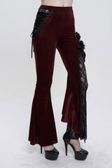 Red Velvet Single Side Stitching Rose Net Side Rope Decoration Asymmetric Pattern Flare Women's Gothic Pants - Product - 2