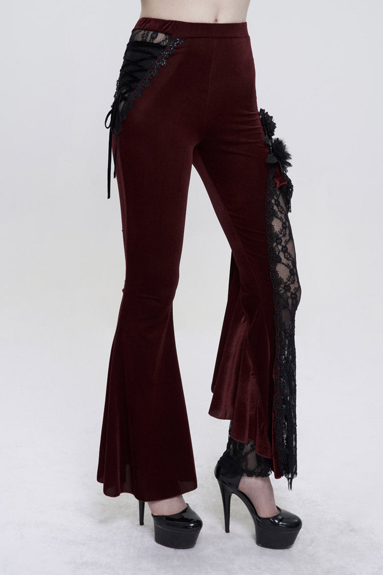 Red Velvet Single Side Stitching Rose Net Side Rope Decoration Asymmetric Pattern Flare Women's Gothic Pants - Product - 2