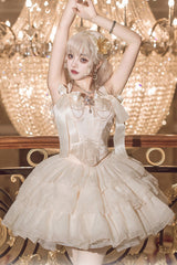 Champagne [Cream Polka Dots] Sleeveless Jacquard Bowknot Slim Sweet Ballet Lolita Skirt Dress - Product - 5