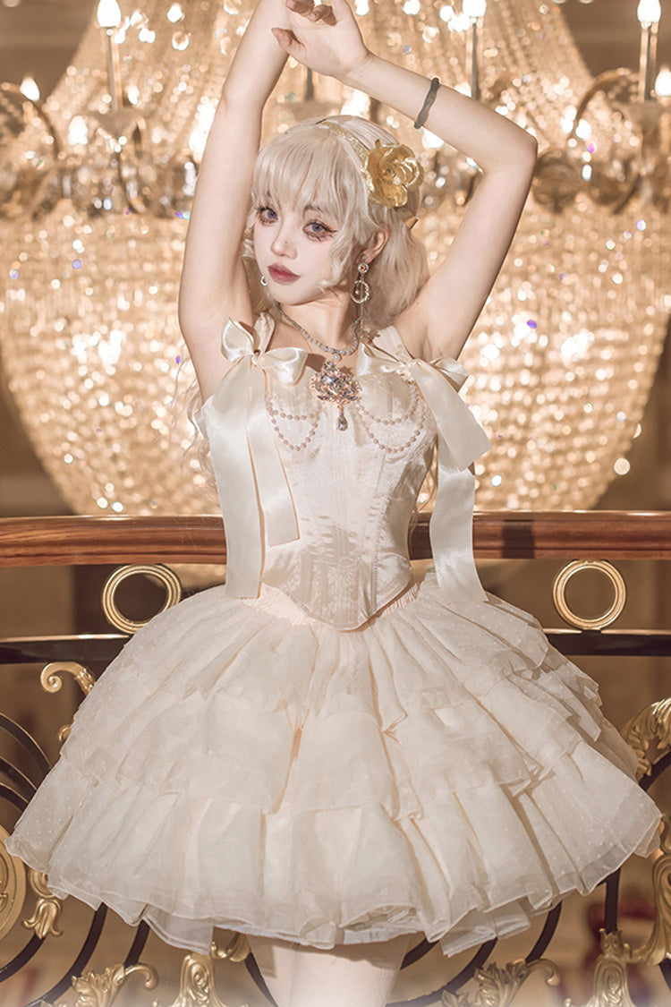 Champagne [Cream Polka Dots] Sleeveless Jacquard Bowknot Slim Sweet Ballet Lolita Skirt Dress - Product - 5