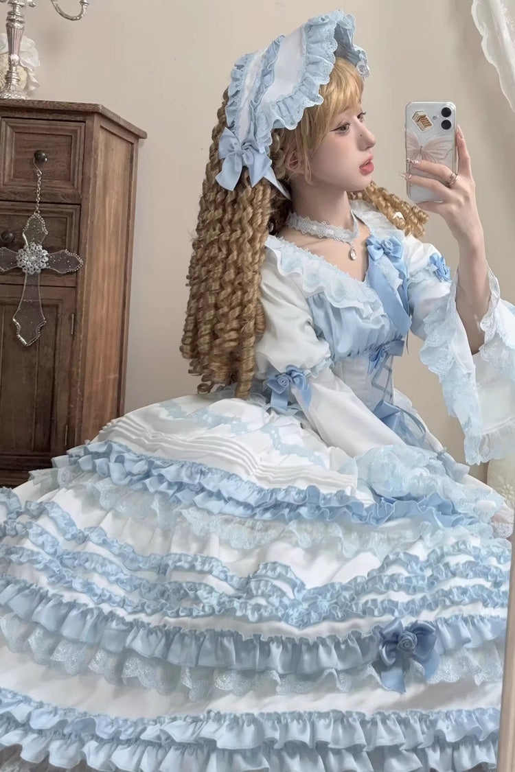 White/Blue [Layered Sea Salt Ice] Short Sleeves Ruffle Bowknot Lace Sweet Lolita Dress - Product - 5