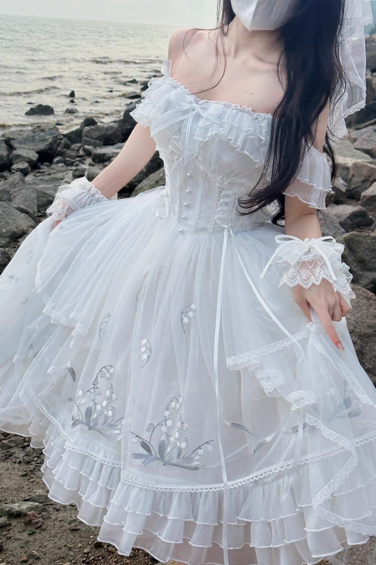 White [Love Is Coming] Multi-layer Ruffle Embroidery Bowknot Sweet Princess Lolita Jsk Dress - Product - 9