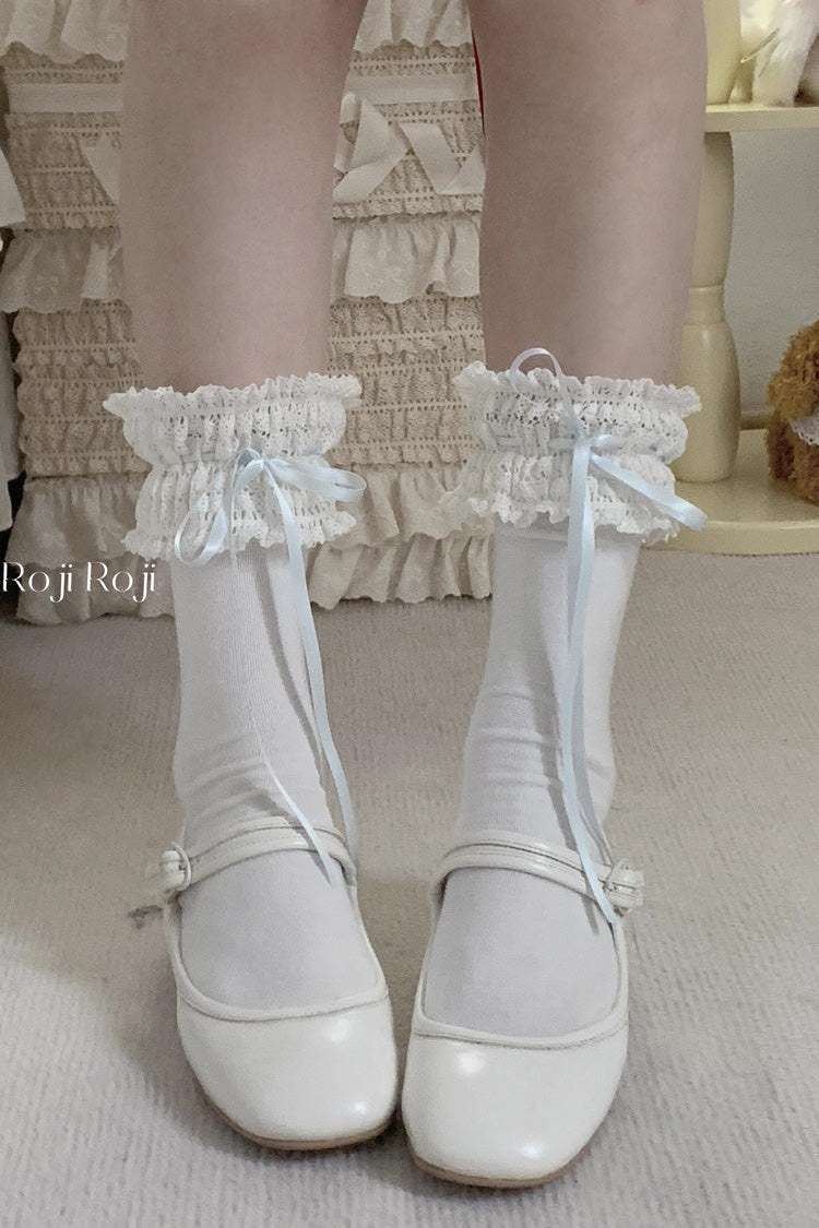 Sweet Ruffle Bowknot Lace Ballet Lolita Short Socks 6 Colors - White/Blue - 6