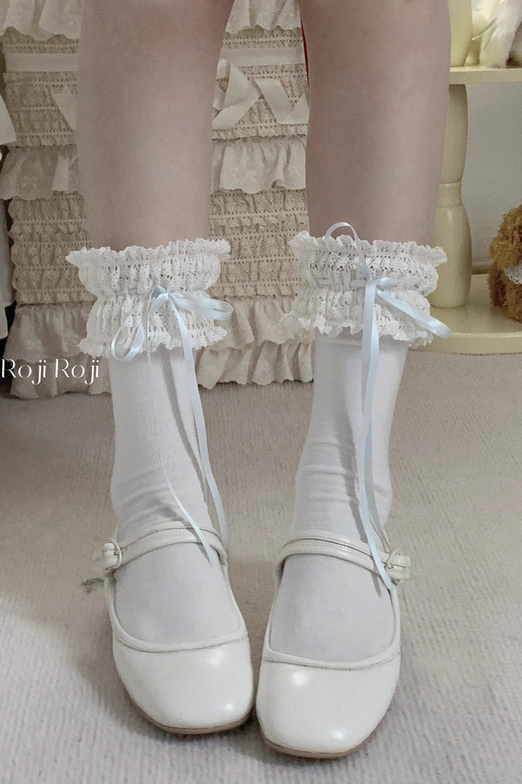Sweet Ruffle Bowknot Lace Ballet Lolita Short Socks 6 Colors - White/Blue - 6