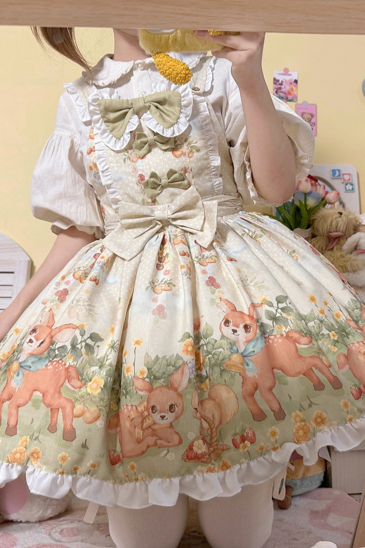 Multi-Color [Little Deer Gathering] Sleeveless Print Ruffle Bowknot Daily Sweet Lolita Strap Dress - Product - 6