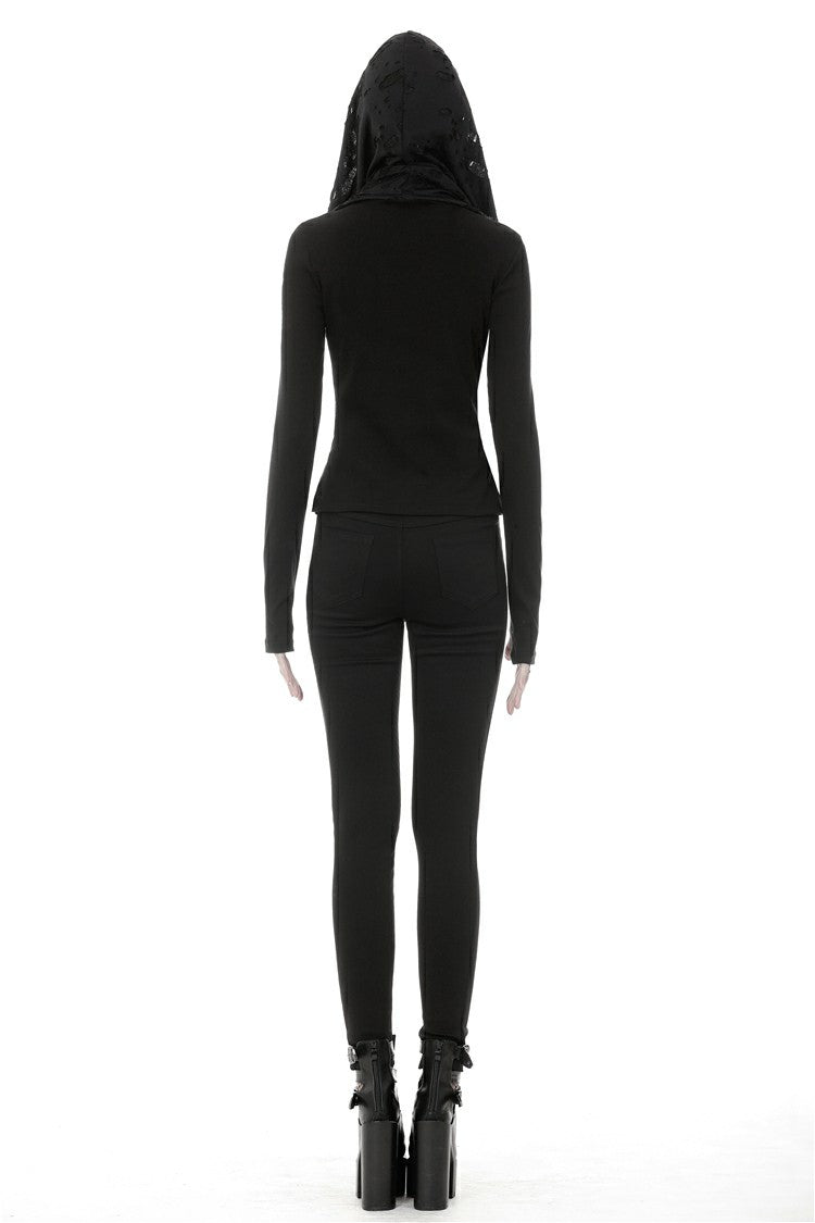 Black Women's Punk Long Sleeves Cut-Out Cross Connection Front Hooded Top - Product - 4