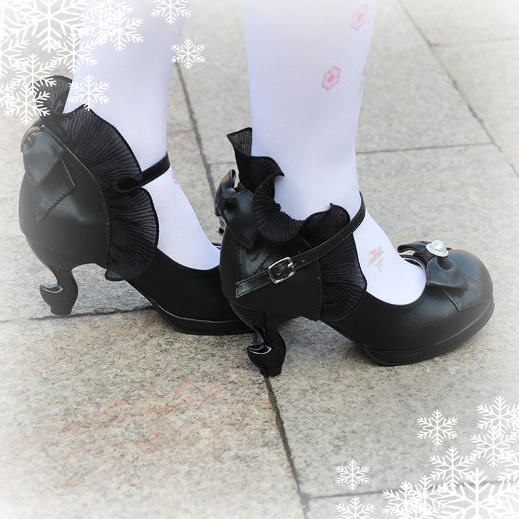 Bowknot Strappy Ruffle PU Sweet Lolita Shoes 5 Colors - Black - 2