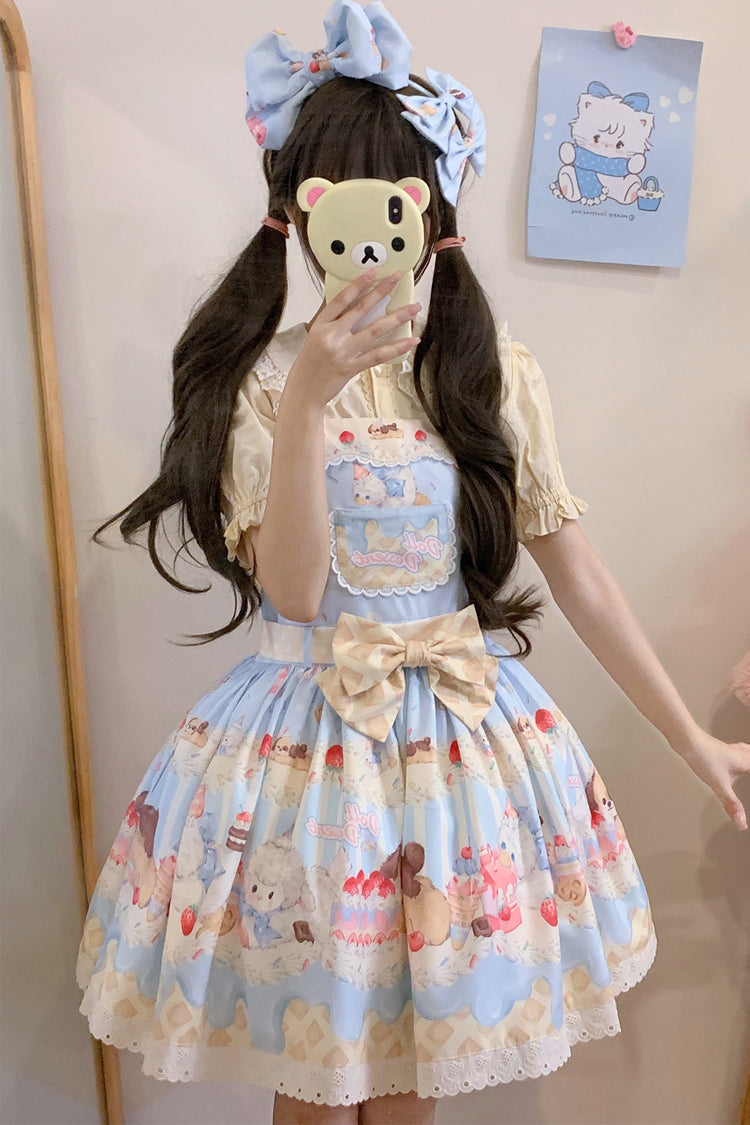 Cream Party Print Bowknot Stitching Lace Sweet Lolita Jsk Dress 3 Colors - Blue - 1