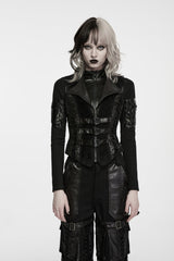 Black Lapel Collar Sleeveless Lace-Up Slim Fit Buckled Zippered Women's Punk Cool Vest - Black - 1