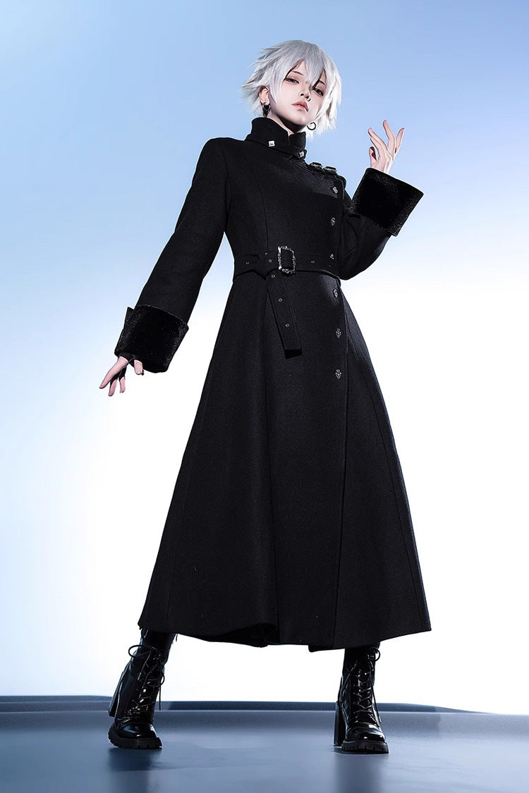 Black Stand Collar Long Sleeves Buckle Ouji Gothic Prince Handsome Lolita Coat - Product - 6