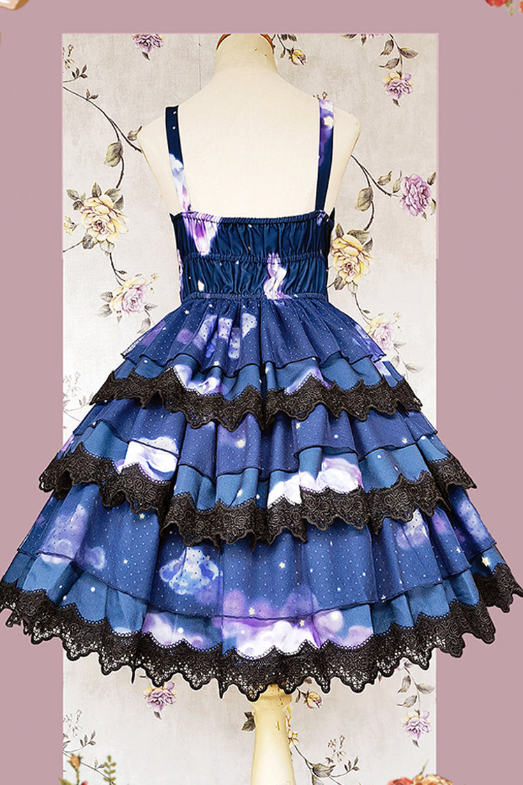 Blue Triple-Layered Clouds Print Ruffle Stitching Lace Sweet Lolita Dress - Product - 9