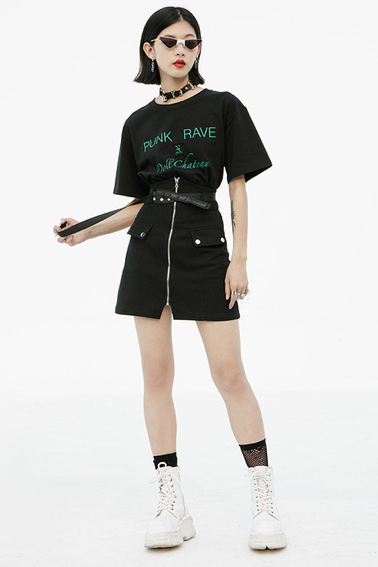 Black High Waist Front Zipper Metal Eyelets Belt Side Pocket Women's Punk Denim Skirt - Product - 4