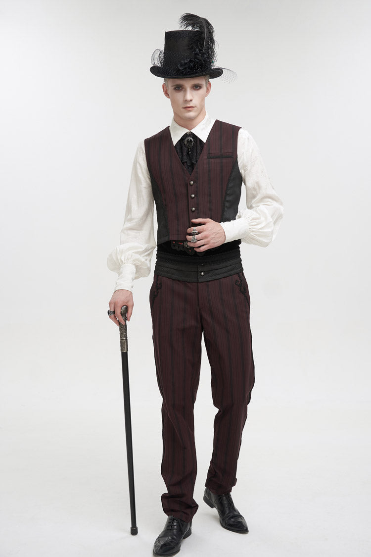Red Retro Micro-Elastic Thick Stripe Stitching Three-Dimensional Texture Detachable Men's Punk Swallowtail Vest - Product - 2