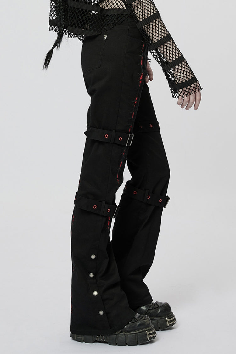 Black/Red Embroidery Buckles Women's Steampunk Flared Pants - Product - 2