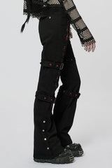 Black/Red Embroidery Buckles Women's Steampunk Flared Pants - Product - 2