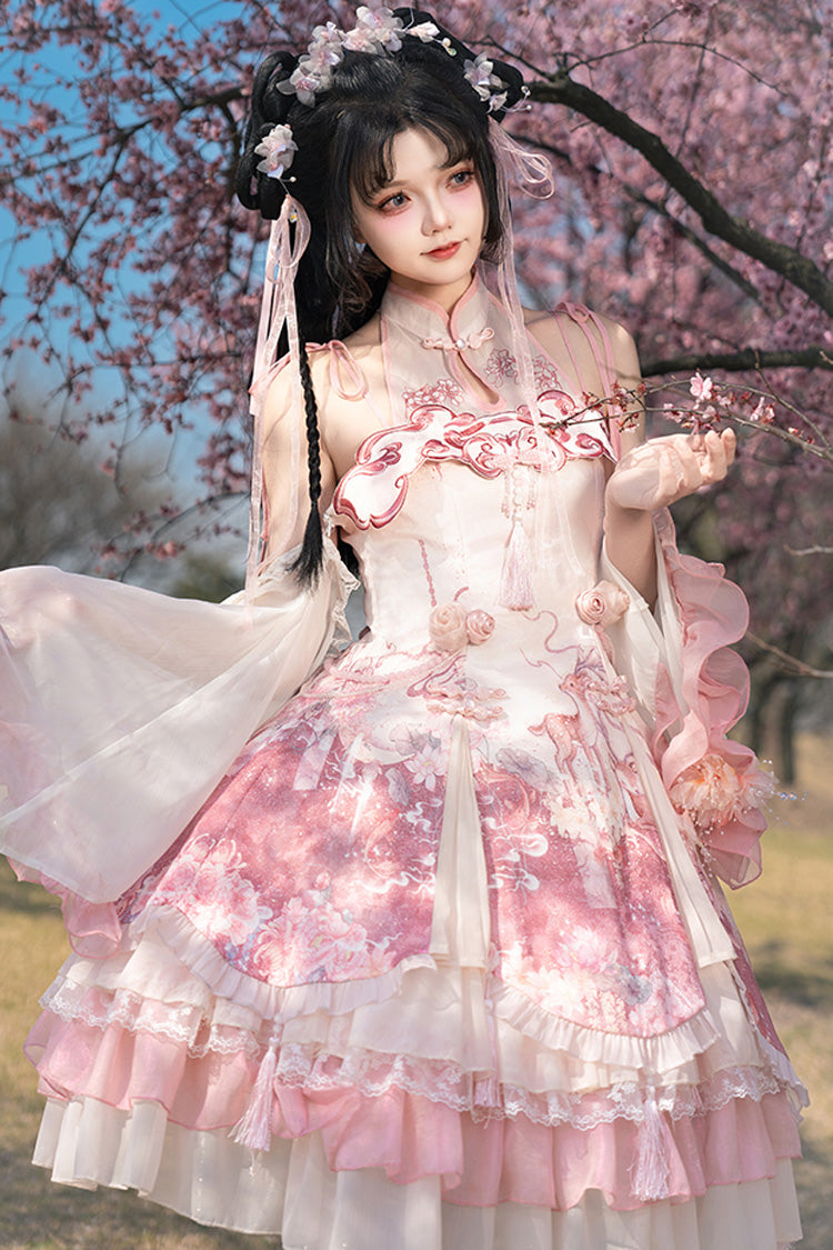 Pink [Flower Feast] Multi-Layered Print Ruffle Bowknot Sweet Chinese Style Lolita Jsk Dress - Product - 3
