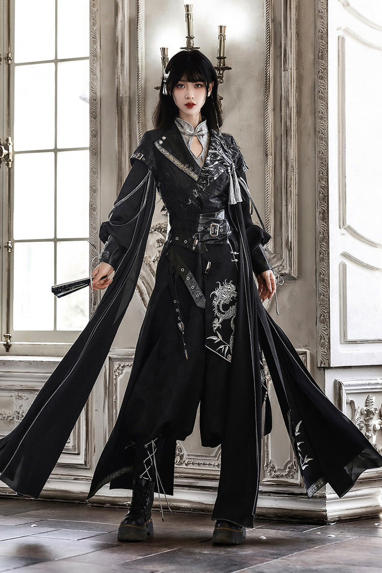 Black [Shadow Dragon Diving Into the Abyss] Long Sleeves Jacquard Embroidered Gothic Chinese Inspired Hanfu Ouji Lolita Set - Black(Set) - 1