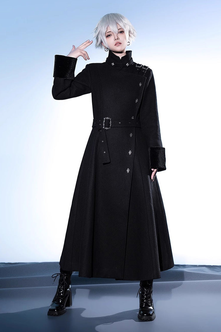 Black Stand Collar Long Sleeves Buckle Ouji Gothic Prince Handsome Lolita Coat - Product - 2