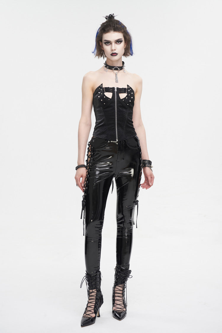 Black Patent Leather Side Cutout Lace Up Women's Punk Pants - Product - 7