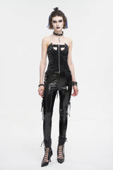 Black Patent Leather Side Cutout Lace Up Women's Punk Pants - Product - 7