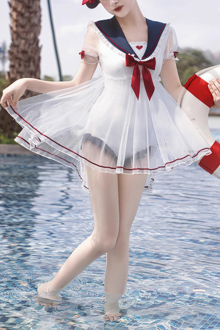 White/Blue/Red Bowknot Short Sleeves Navy Cute Sweet Lolita One Piece Swimsuit - White/Blue/Red - 1