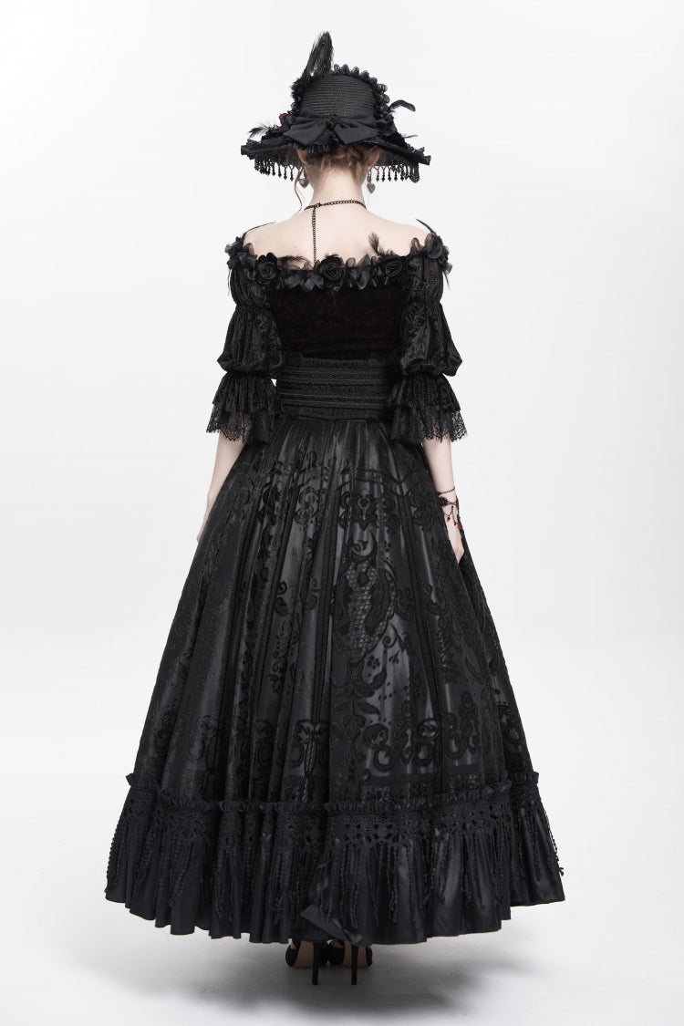 Black Jacquard Embroidery Buckle Tassels Women's Gothic Long Skirt - Product - 6