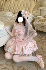 Pink [Sakura Bunny Ballad] Square Collar Flutter Sleeves Jacquard Ruffled Bow Lace Sweet Elegant Luxurious Short Lolita Jsk Dress - Product - 11