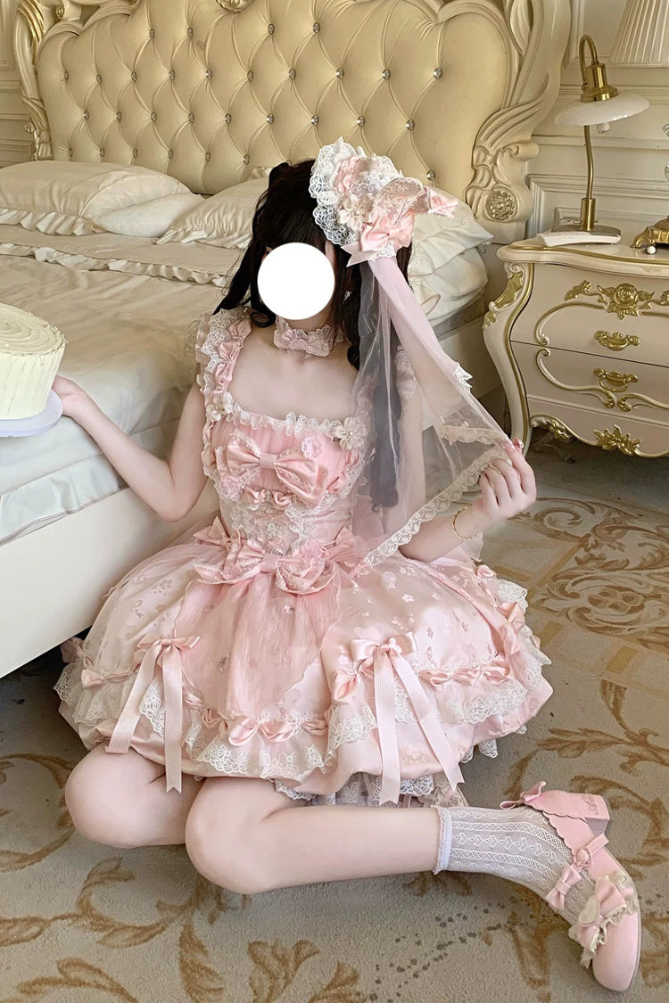 Pink [Sakura Bunny Ballad] Square Collar Flutter Sleeves Jacquard Ruffled Bow Lace Sweet Elegant Luxurious Short Lolita Jsk Dress - Product - 11