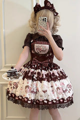 Chocolate Rosette Cat Print Bowknot Stitching Lace Sweet Lolita Jsk Dress 4 Colors - Product - 13
