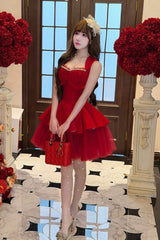 Red [Romantic Rose] Square Collar Sleeveless Ruffled Classic Ballet Lolita Dress - Product - 4