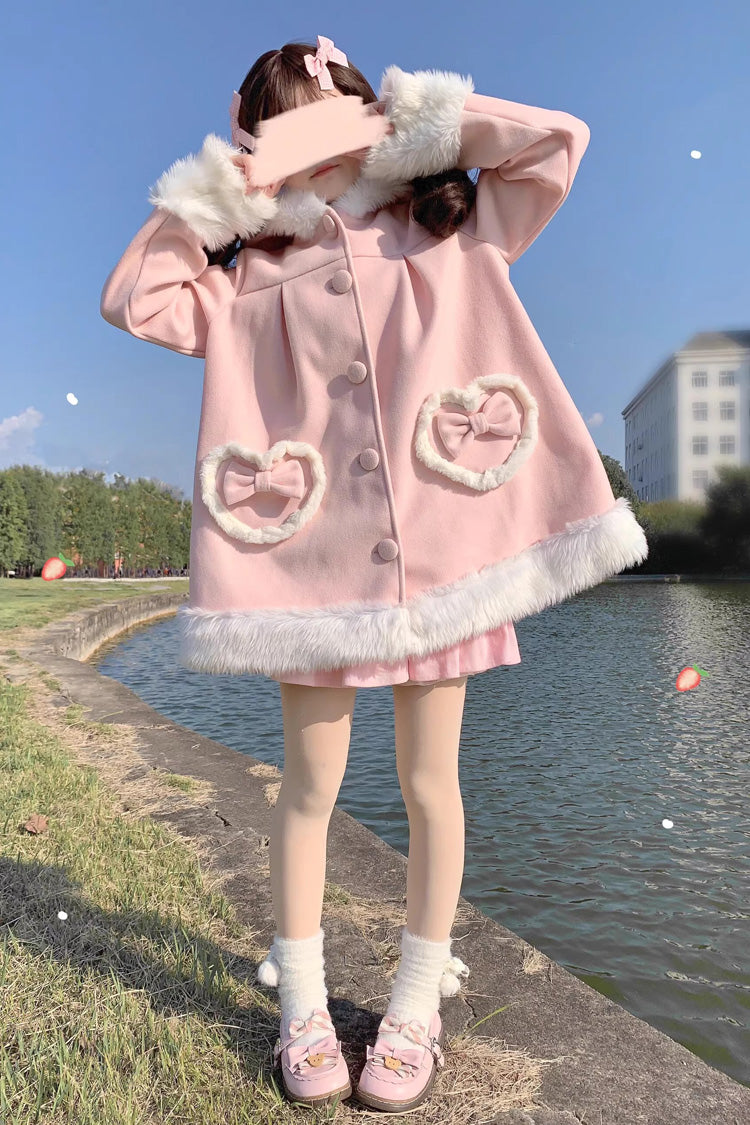 Pink Woolen Rabbit Ears Single-breasted Bowknot Sweet Princess Lolita Coat - Pink - 1