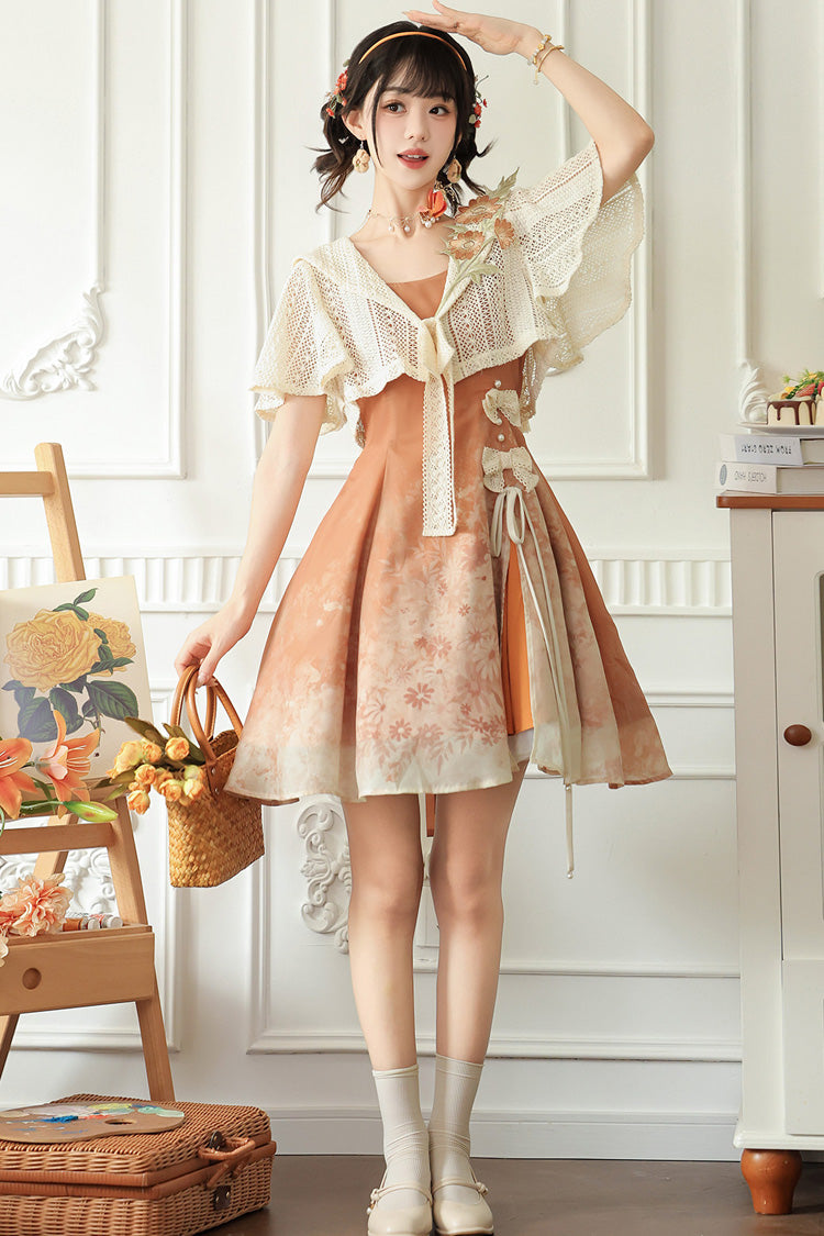 Orange Square Collar Sleeveless Chrysanthemum Printed Bow Lace-Up Asymmetric Sweet Chinese Inspired Lolita Jsk Dress Set - Product - 10
