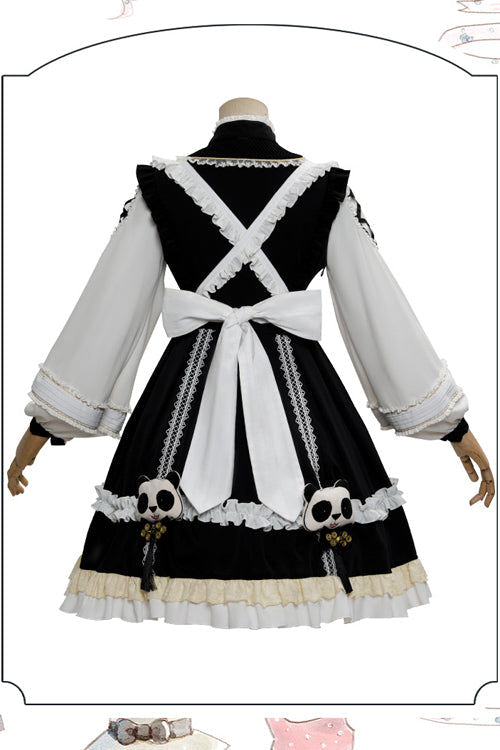 Black/White High Neck Lantern Sleeves Multi-Layer Ruffled Panda Bun Shop Sweet Lolita Op Dress - Product - 8