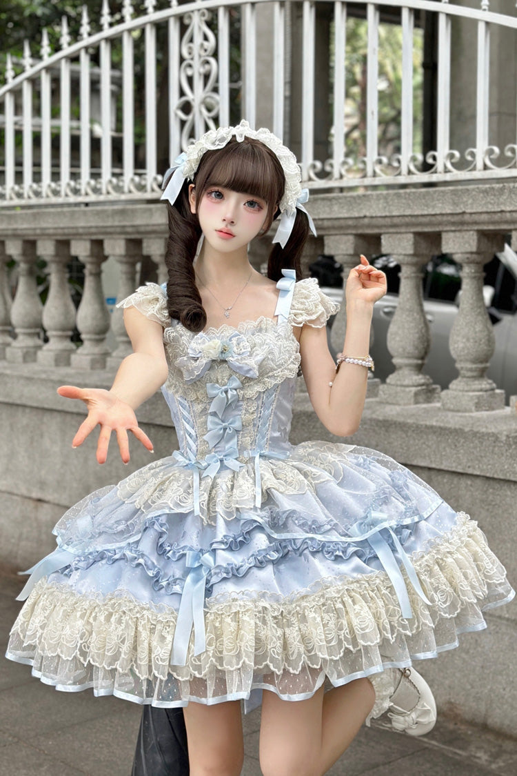 Blue [Dreaming Butterfly] Multi-Layered Jacquard Ruffle Bowknot Lace Sweet Princess Lolita Jsk Dress - Blue - 1